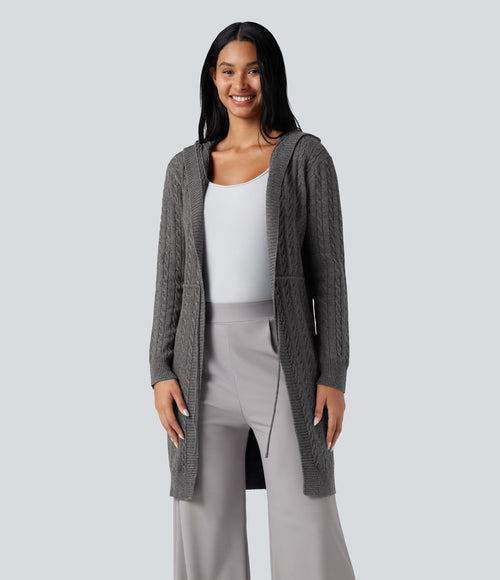 Cardigan long à capuche cordon de serrage manches longues