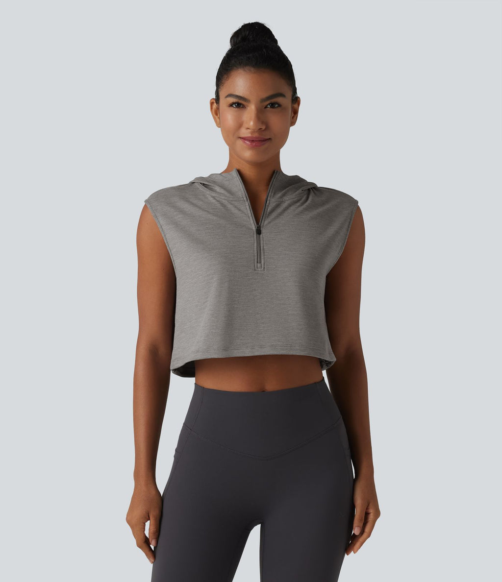 Débardeur de yoga court à capuche avec demi-zip