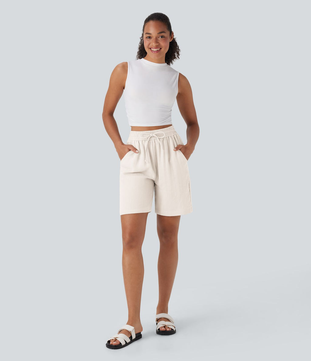 Short décontracté effet lin taille haute avec cordon de serrage et poches latérales