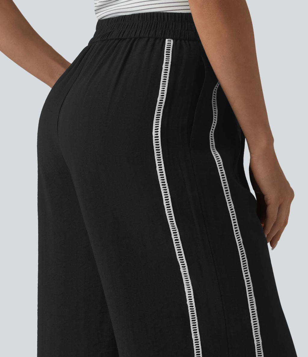 Pantalon large fluide décontracté taille haute color block aspect lin avec poches