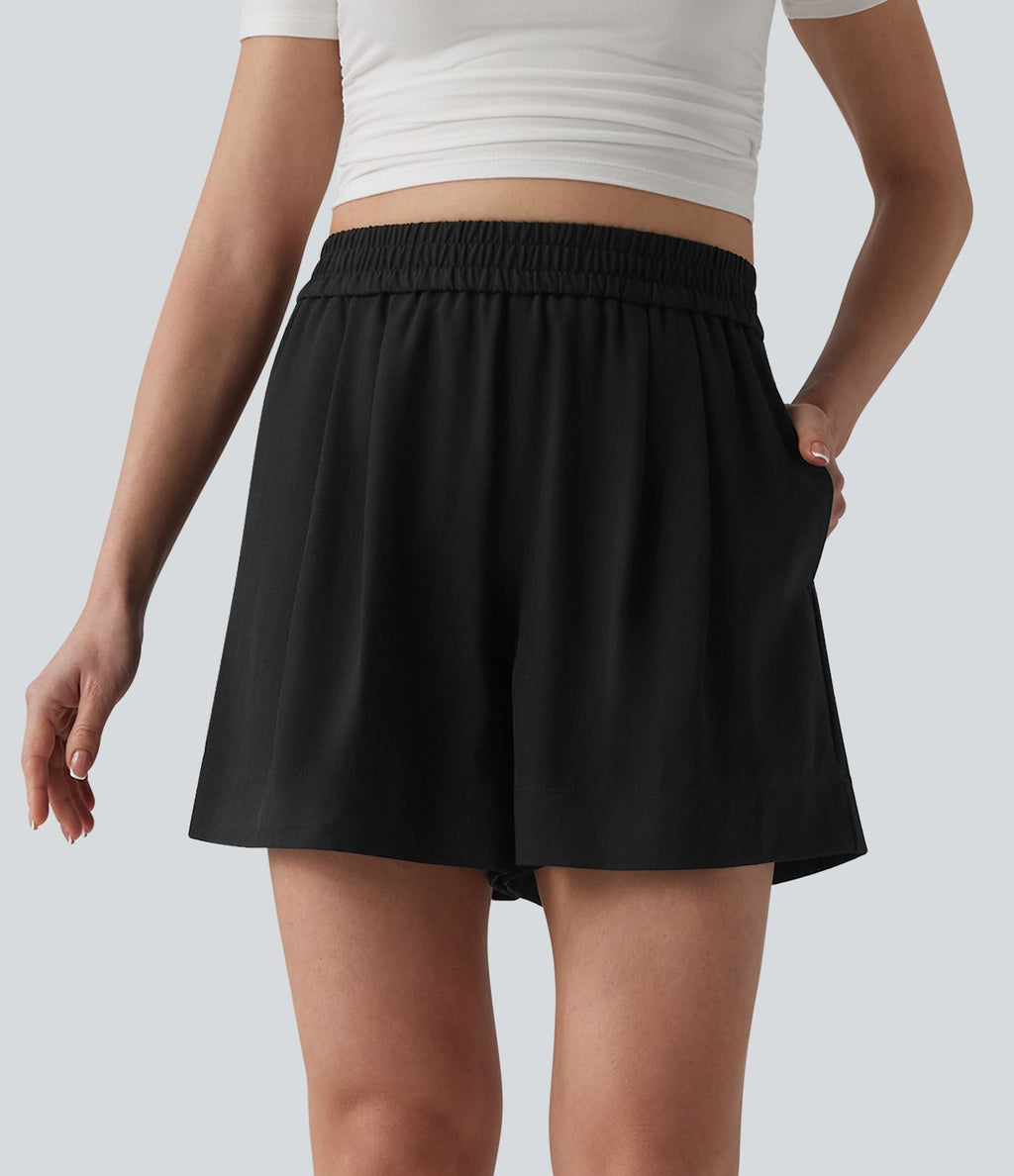 Short décontracté aspect lin taille haute avec poches