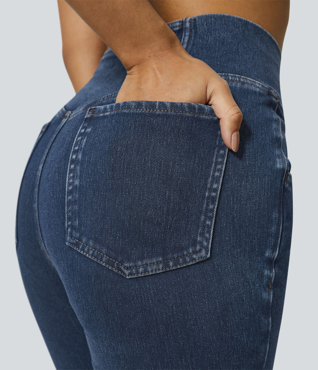 Halara Flex™ - Jean Ultra Evasé Tricot Extensible Lavé Poches Croisées Taille Haute