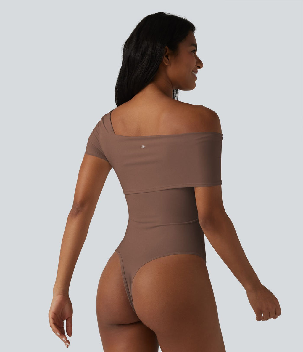 Body casual col asymétrique manches courtes avec soutien-gorge intégré