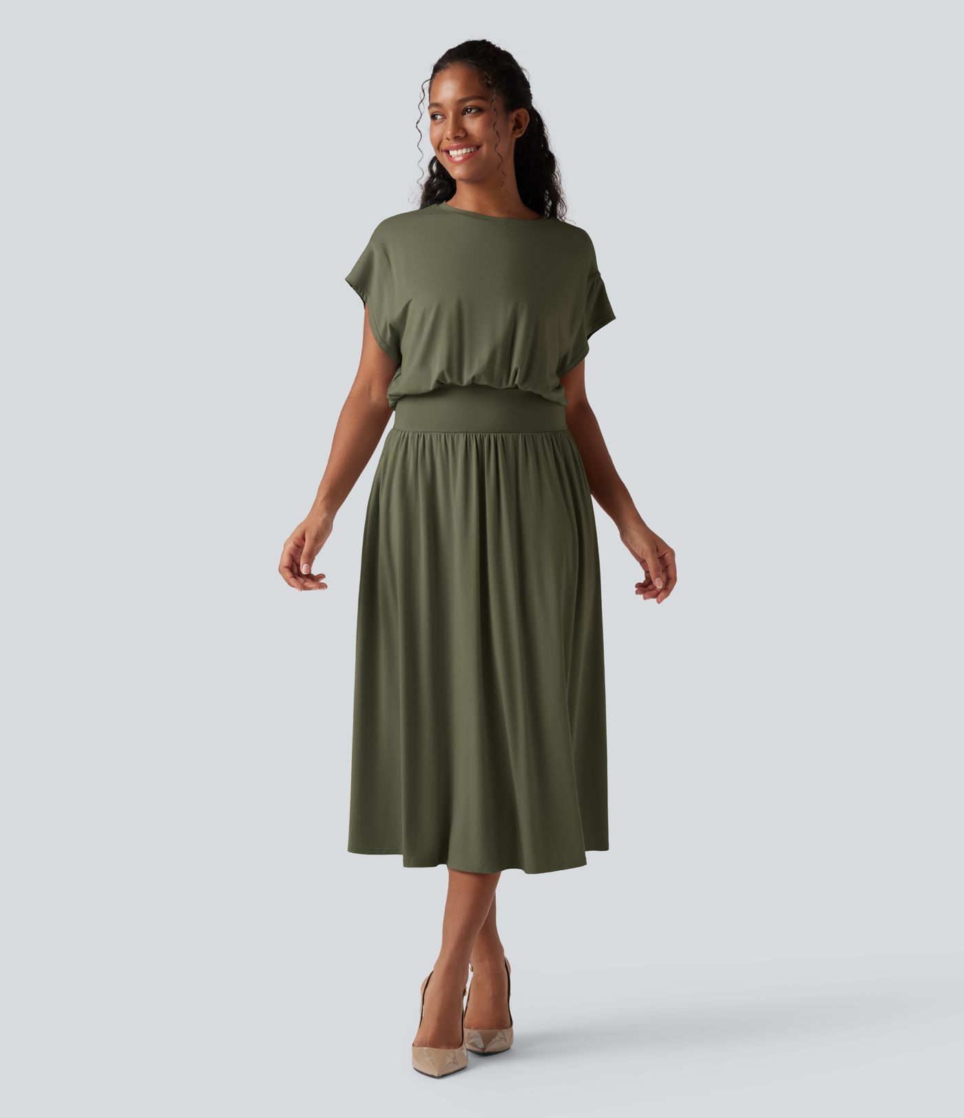 Robe de travail mi-longue fluide gainante à manches chauve-souris avec poches