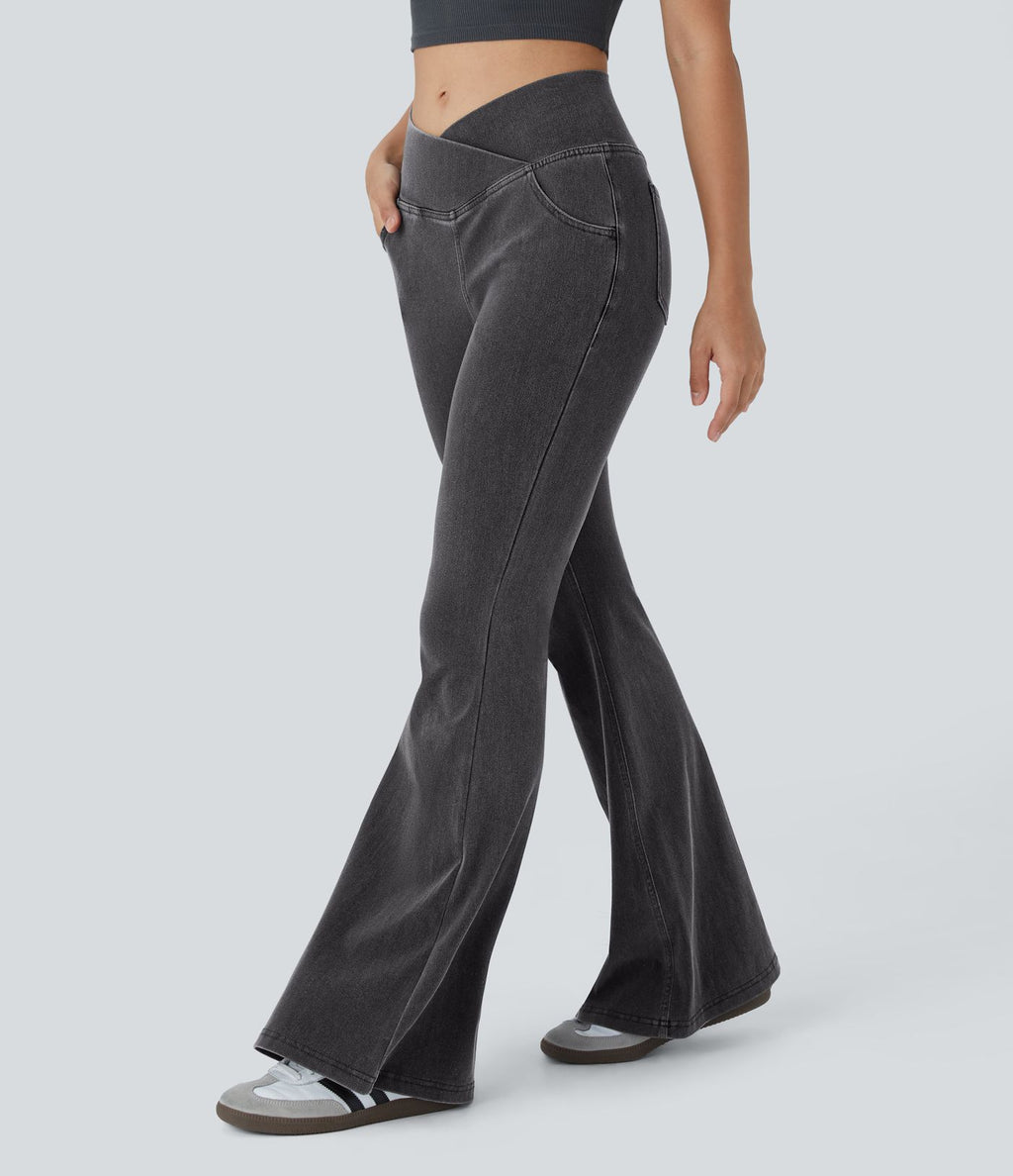 Jean super évasé Halara Flex™ décontracté maille denim extensible délavée effet frais InstantCool taille haute poches croisées