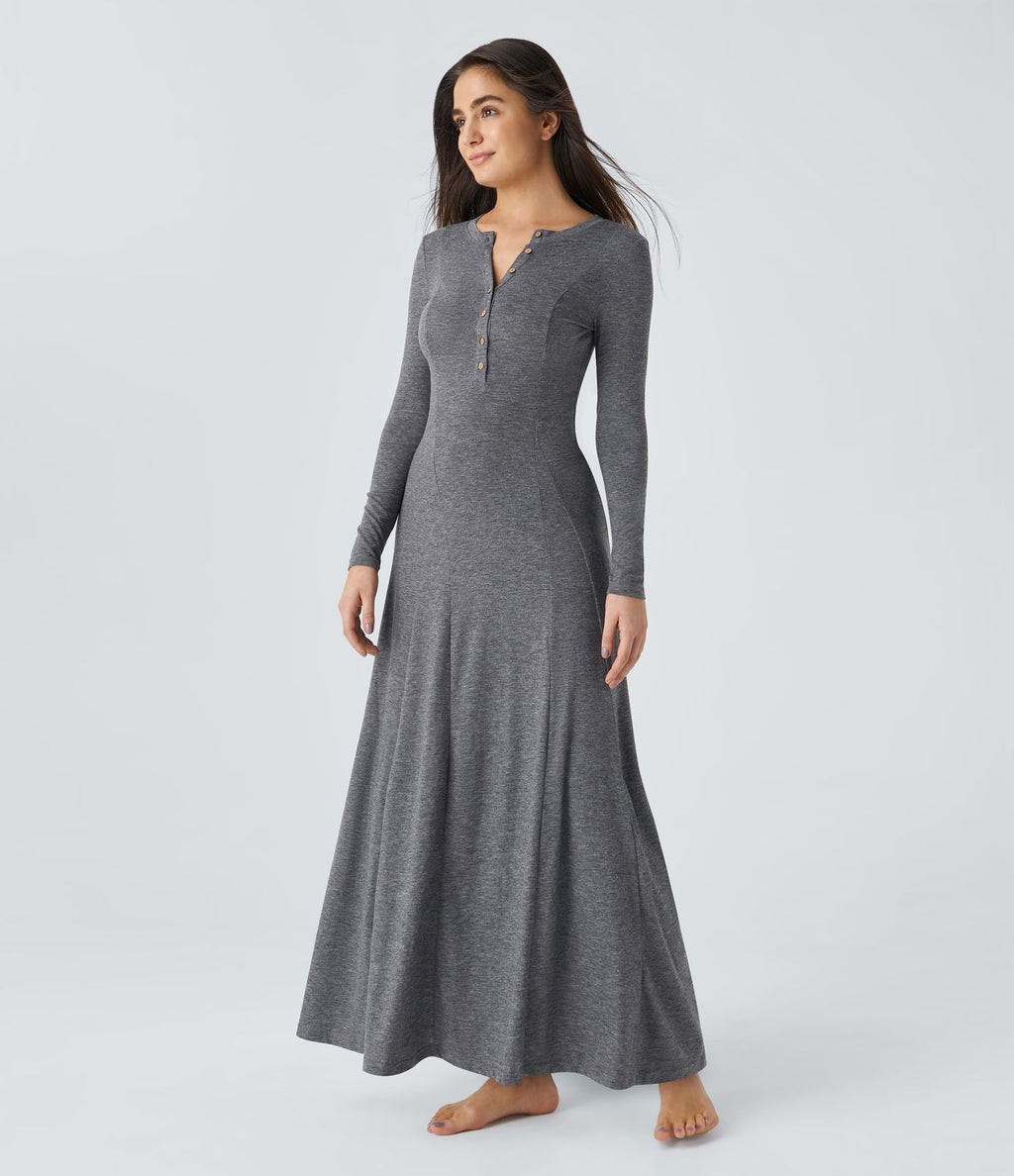 Robe de Casual Maxi Manches Longues Évasées et Boutons au Col Rond