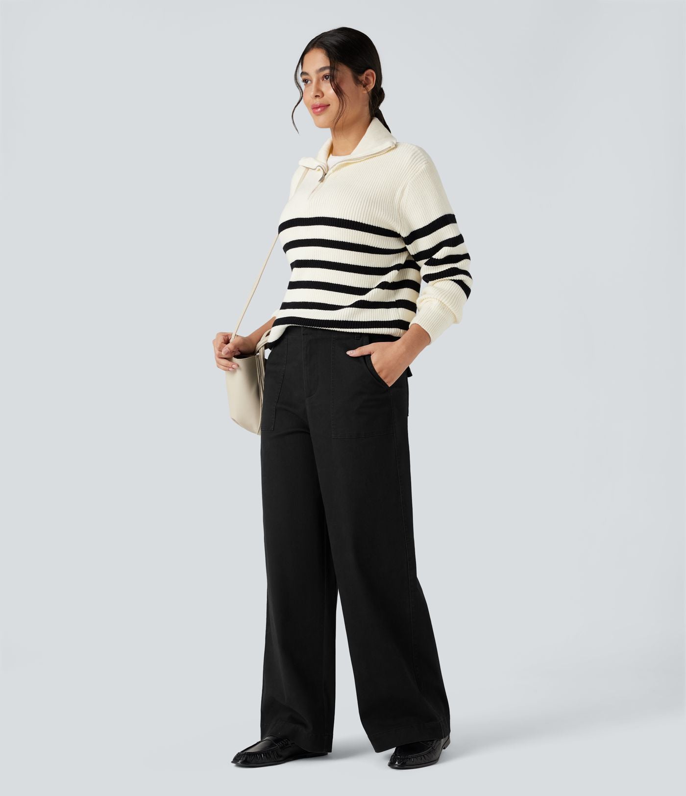 Pantalon chino coton jambes larges taille mi-haute avec poches