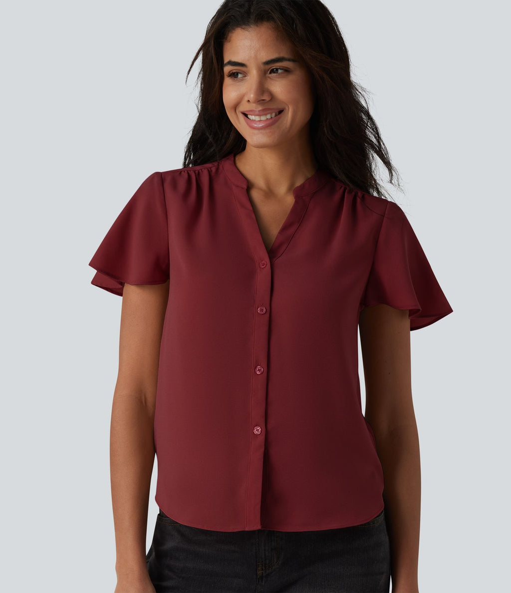 Blouse casual col V à manches volantées et ourlet arrondi