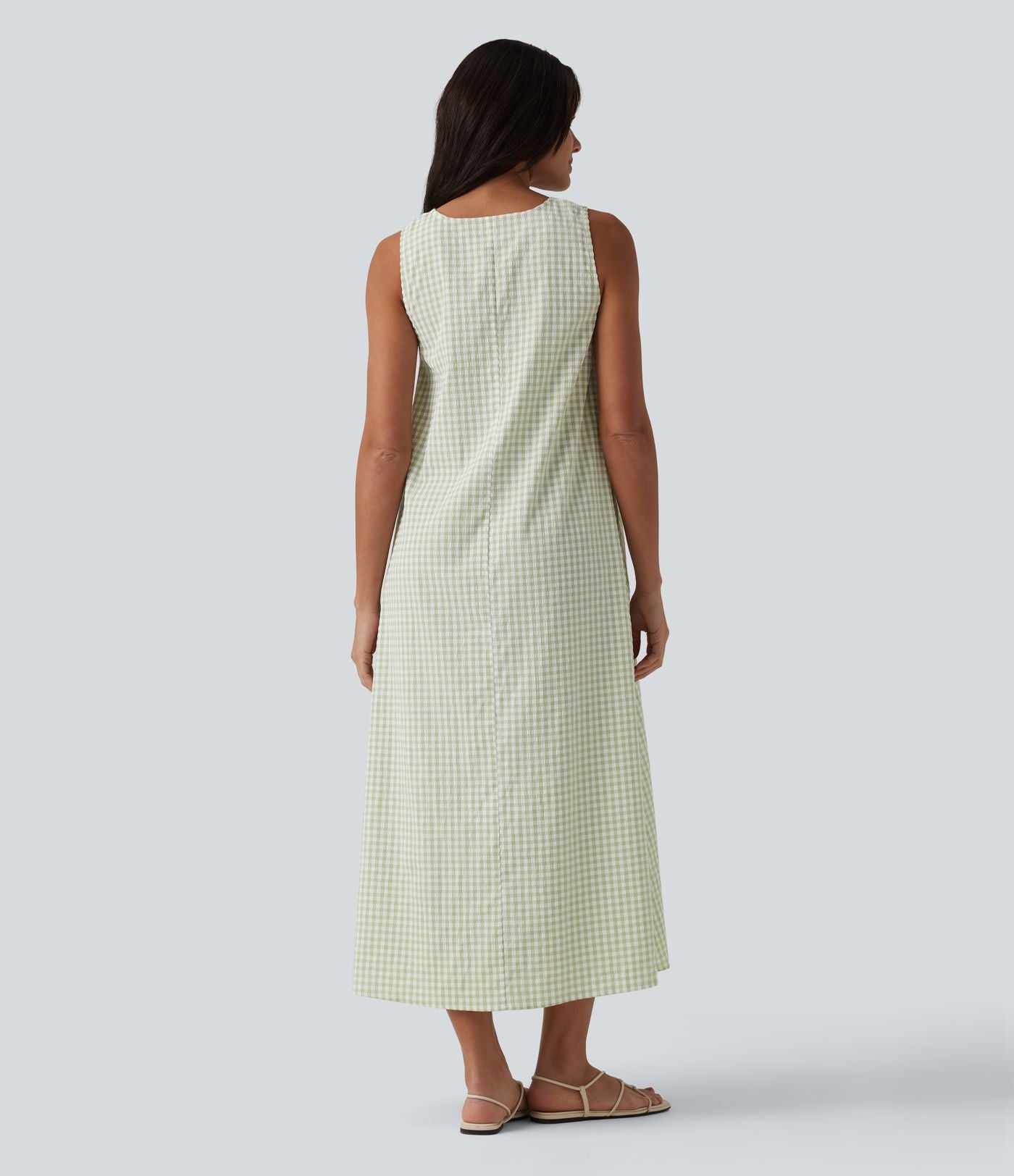 Robe débardeur midi décontractée col rond sans manches en vichy froissé avec poches