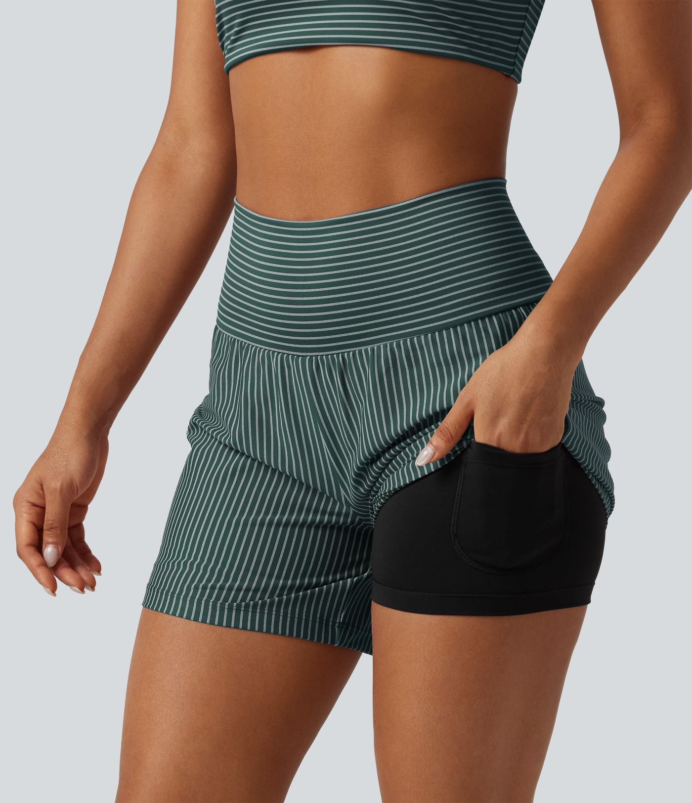 Short de yoga 2-en-1 à rayures, taille très haute, 12,5 cm, à poches