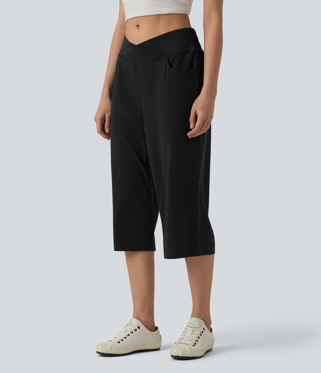 Pantalon casual capri large croisé taille mi-haute avec poches