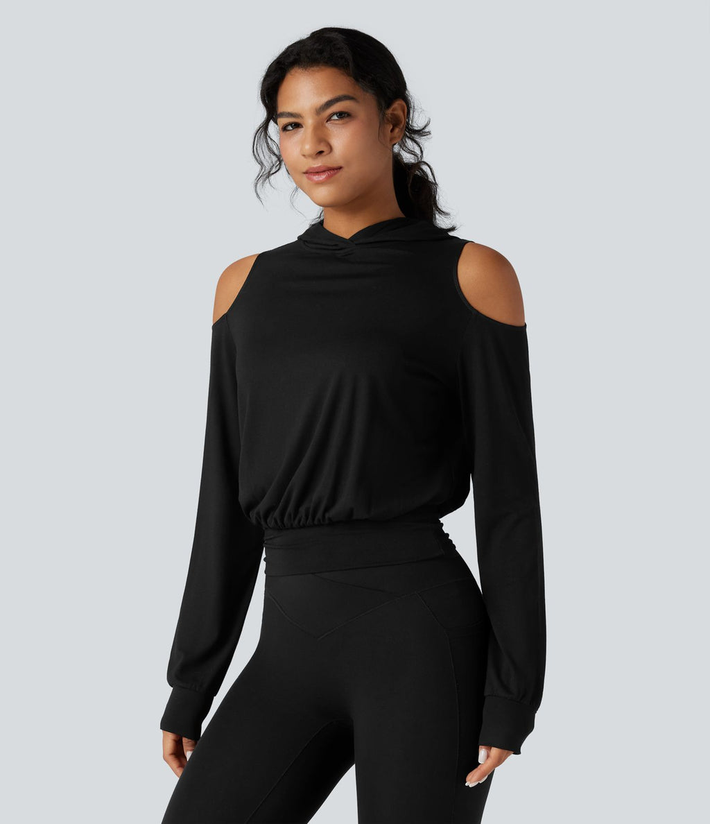 Sweat-shirt de sport à capuche épaules dénudées manches longues