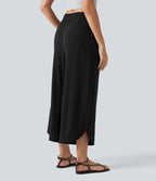 Pantalon large fluide casual raccourci taille haute avec ourlet arrondi, tissu extensible aspect lin et poches