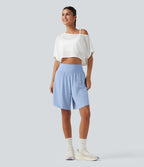 Short de course 2 en 1 SoftlyZero™ QuickDry taille haute, effet ventre plat, pois réfléchissants, ourlet croisé, 23 cm, avec poches