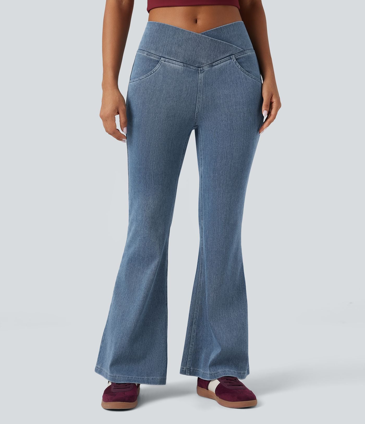 Halara Flex™ - Jean Ultra Evasé Tricot Extensible Lavé Poches Croisées Taille Haute