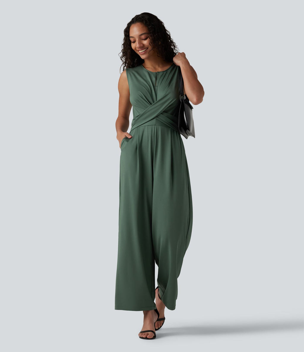 Combinaison tailleur jambe droite sans manches à col rond et taille croisée avec poches - Édition Easy Peasy
