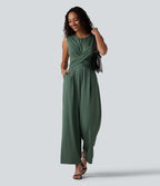 Combinaison tailleur jambe droite sans manches à col rond et taille croisée avec poches - Édition Easy Peasy