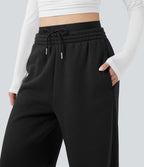 Pantalon jogging en coton molleton large taille haute avec cordon et poches