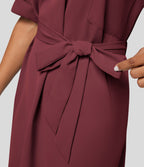 Robe-chemise décontractée à col, manches retroussables et ceinture