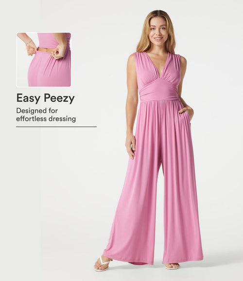 Combinaison côtelée décontractée sans manches à col en V froncée avec brassière intégrée et poches - Édition Easy Peasy