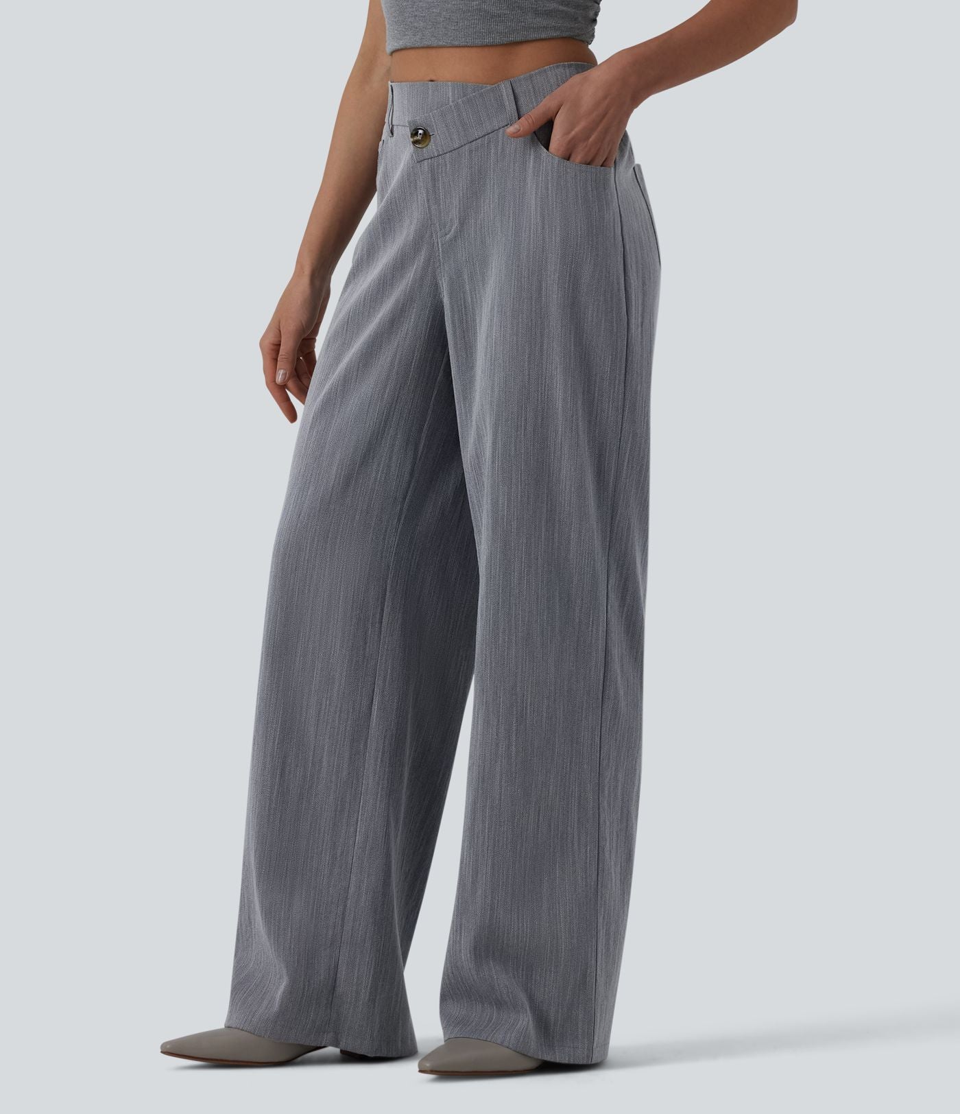 Pantalon large casual taille haute croisée aspect lin avec poches