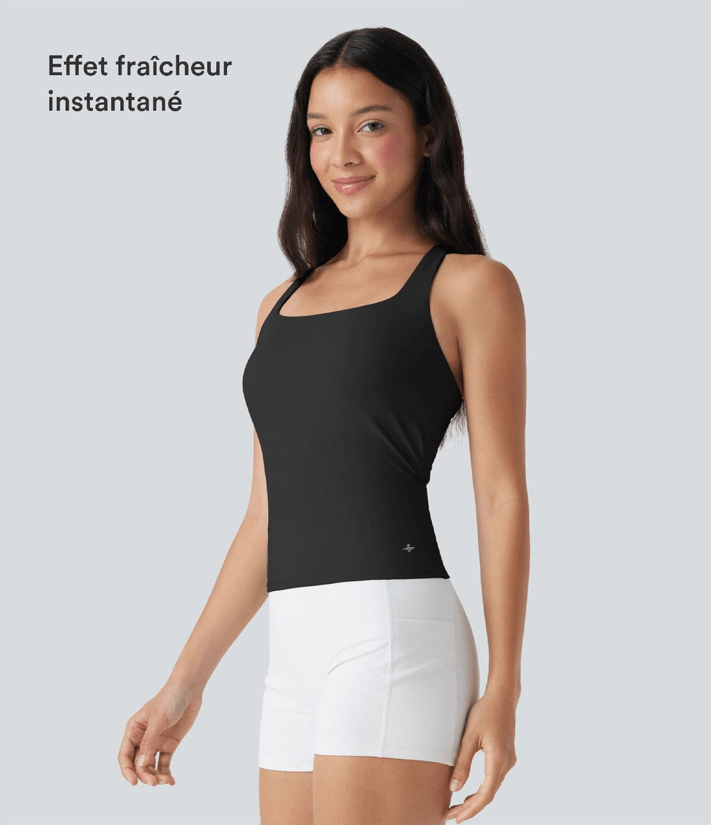 Débardeur de course crop top dos nu col carré bretelles croisées Softlyzero™ Airy Cool Touch - longueur rallongée - UPF50+