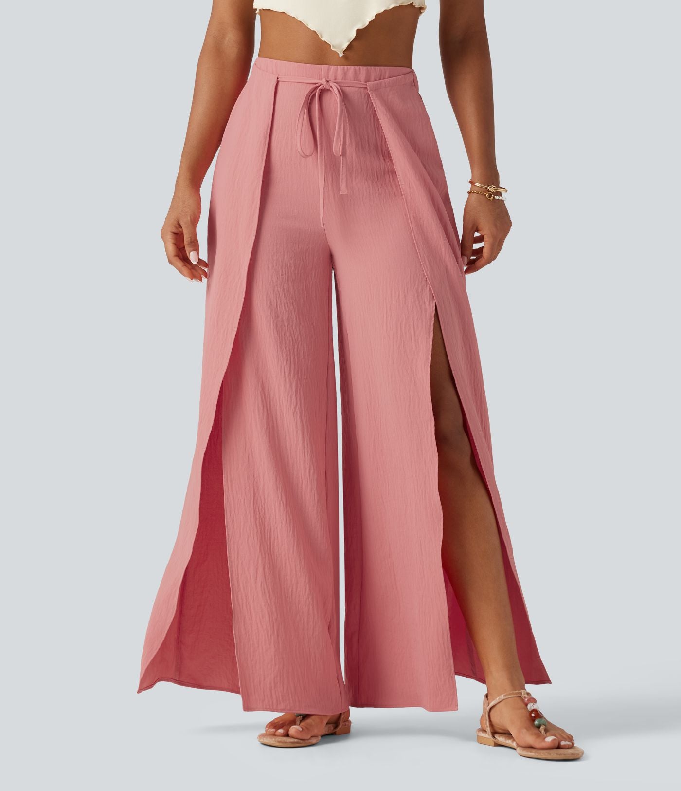 Pantalon ample fluide effet lin taille haute avec laçage