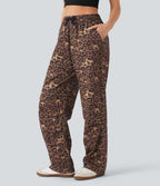 Pantalon casual taille haute cordon jambe droite imprimé léopard avec poches
