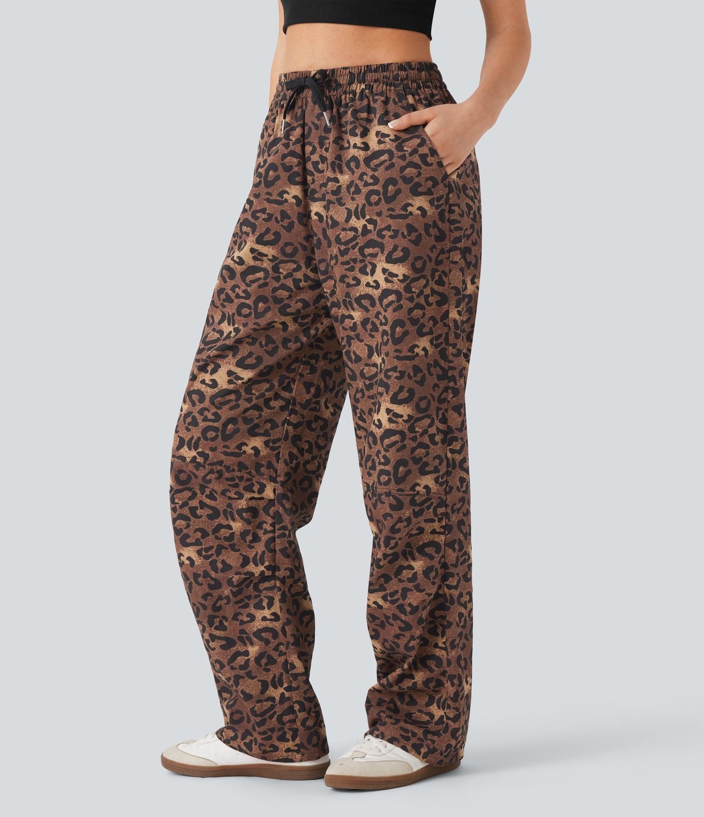 Pantalon casual taille haute cordon jambe droite imprimé léopard avec poches