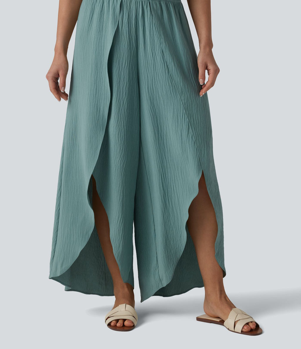 Pantalon large fluide décontracté taille haute aspect lin