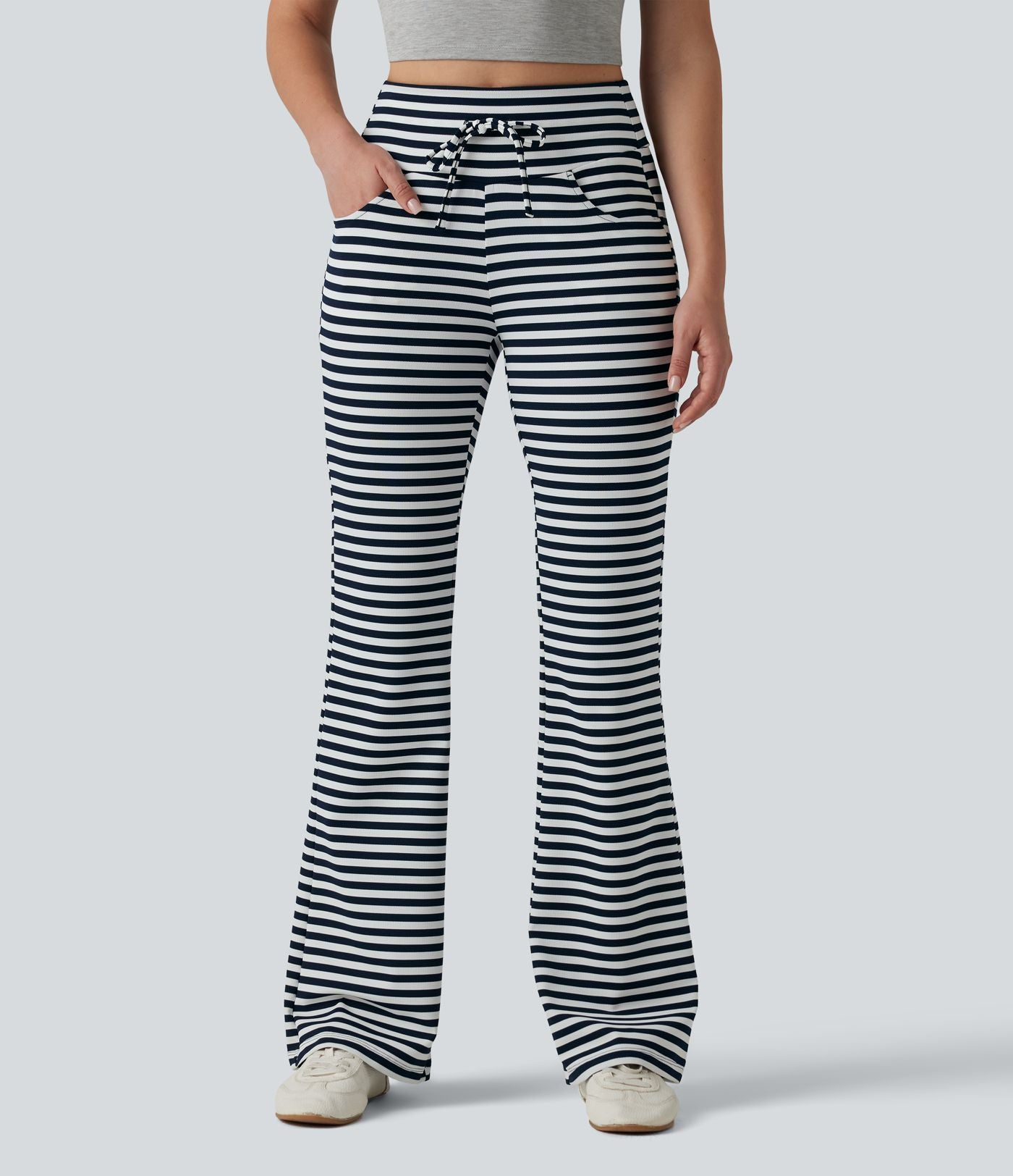 Pantalon évasé décontracté taille haute gainant à rayures en tissu gaufré avec cordon de serrage et poches