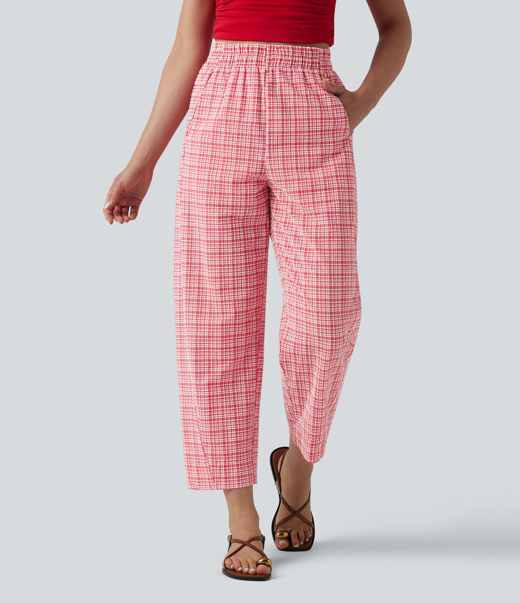 Pantalon décontracté à carreaux froissés taille haute avec poches