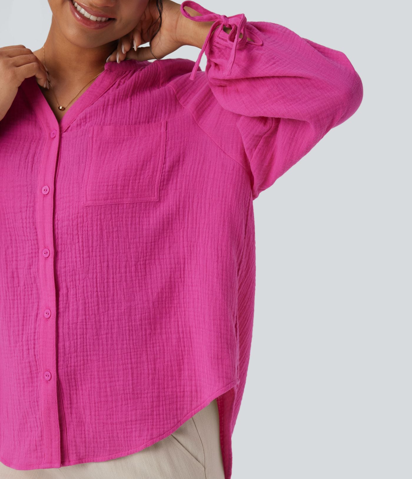 Chemise décontractée coton col V manches longues avec laçage et poche