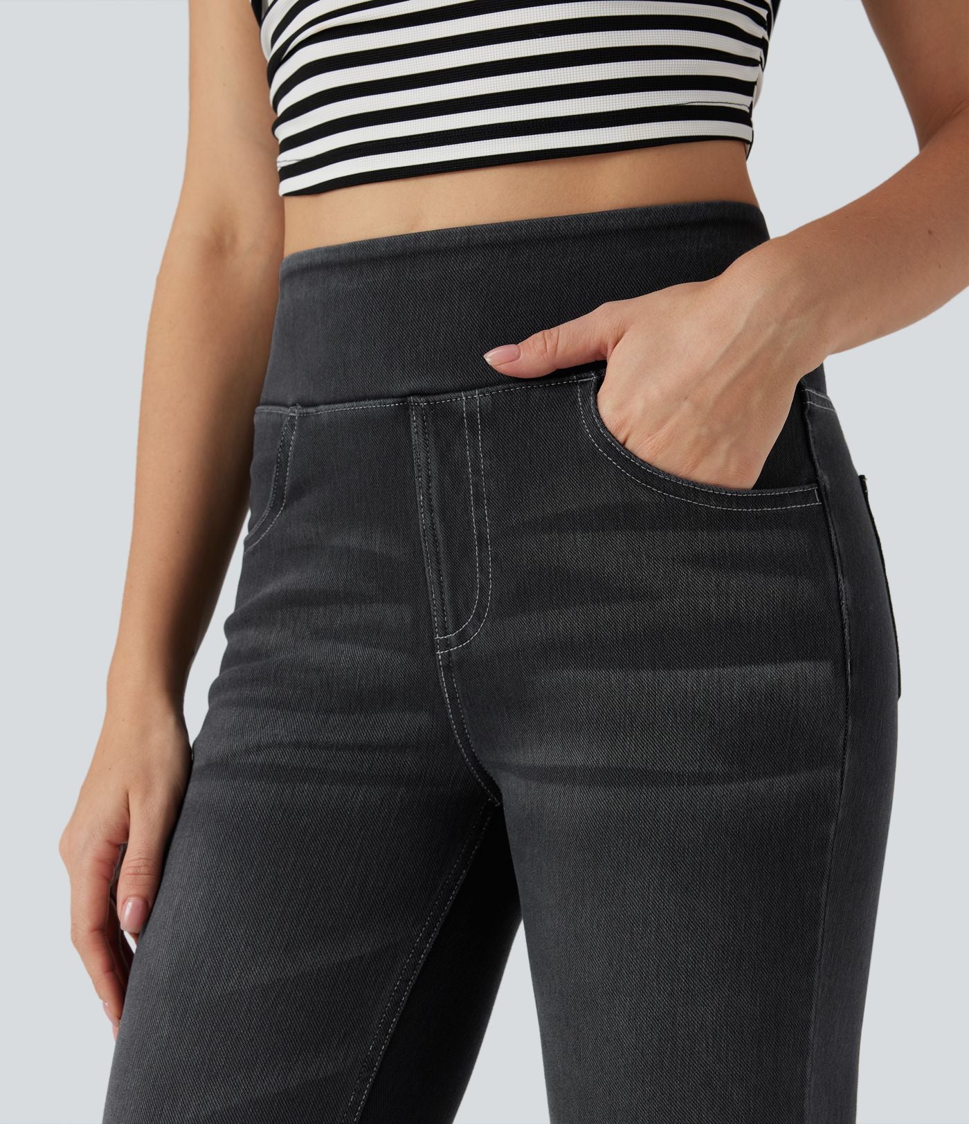 Halara Flex™ Jean évasé casual délavé taille haute gainant avec poches