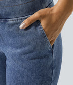 Halara Flex™ Jean Casual Taille Haute avec Cordon de Serrage et Poches Latérales en Tricot Extensible Lavé