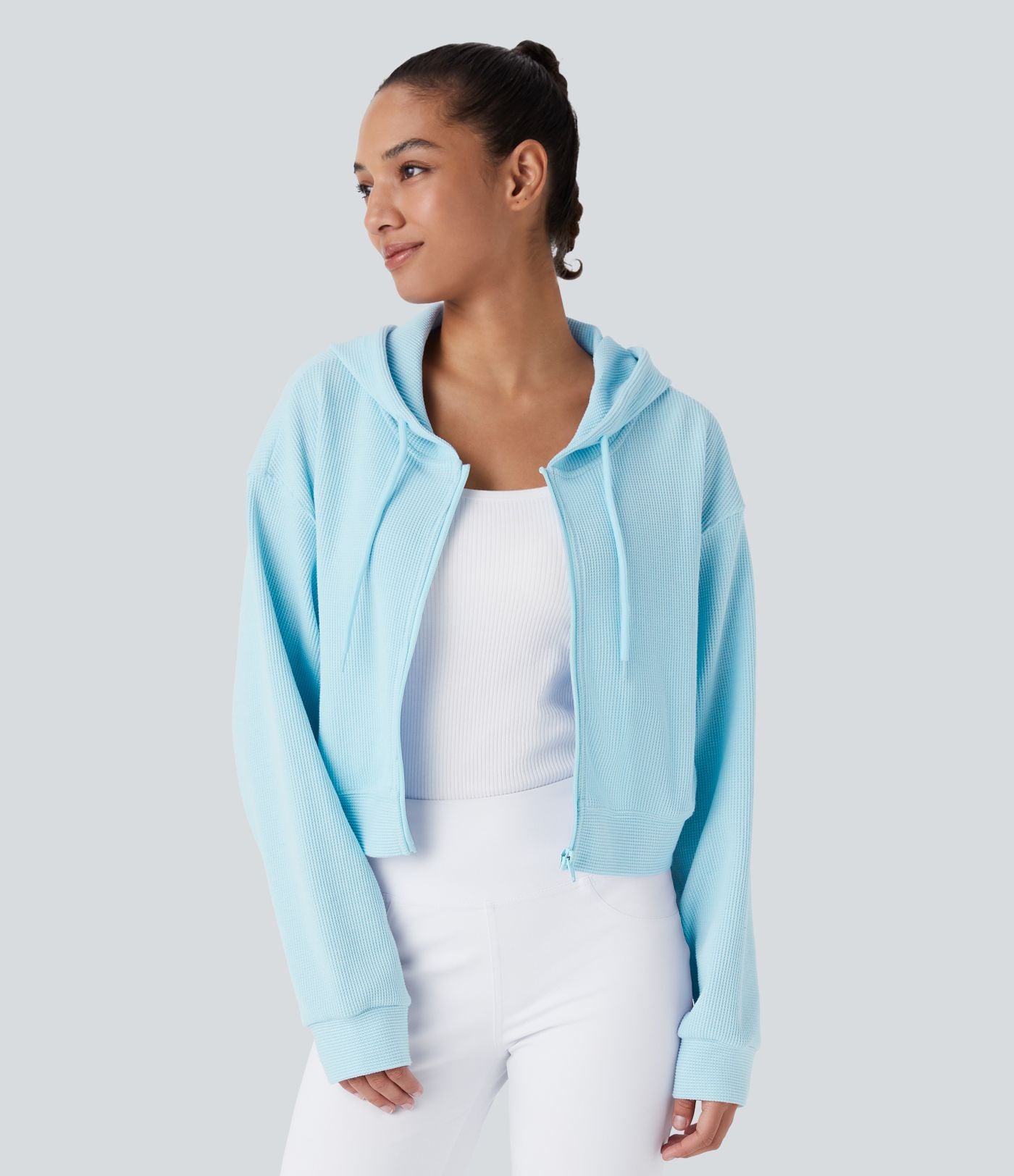 Sweatshirt en Coton Casual à Manches Longues avec Cordon de Serrage et Zipper Style Waffle