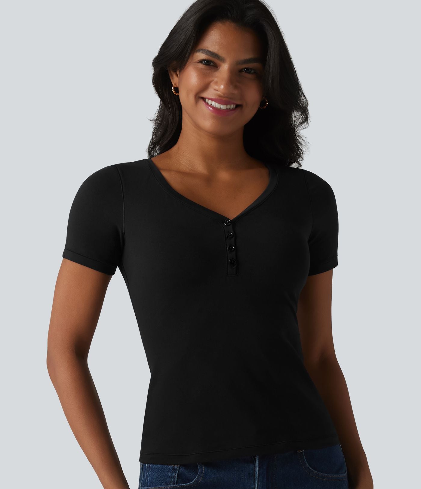 Halara T-shirt décontracté en jersey de coton, col V, manches courtes, brassière intégrée, bonnets B-DD