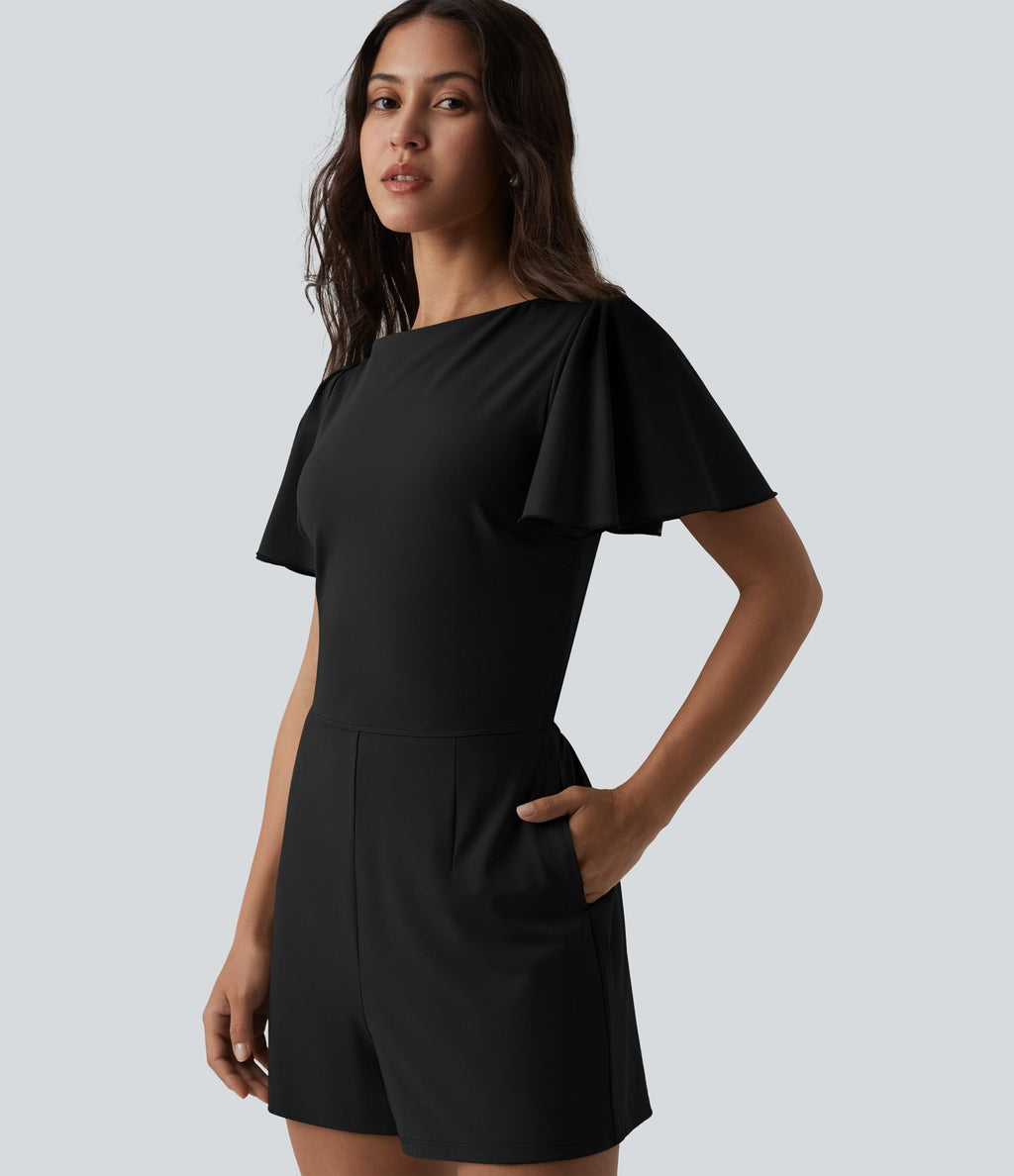 Combishort décontracté SoftlyZero™ Airy à volants manches courtes avec nœud au dos et effet frais InstantCool avec poches, accès facile Easy Peasy