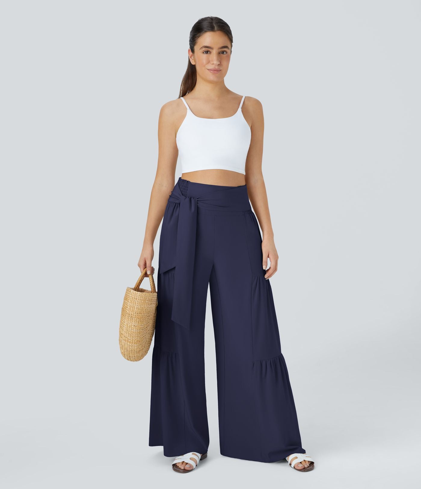 Breezeful™ Pantalon Large Casual Taille Haute Froncé à Nouer Devant et Dos Fluide Séchage Rapide