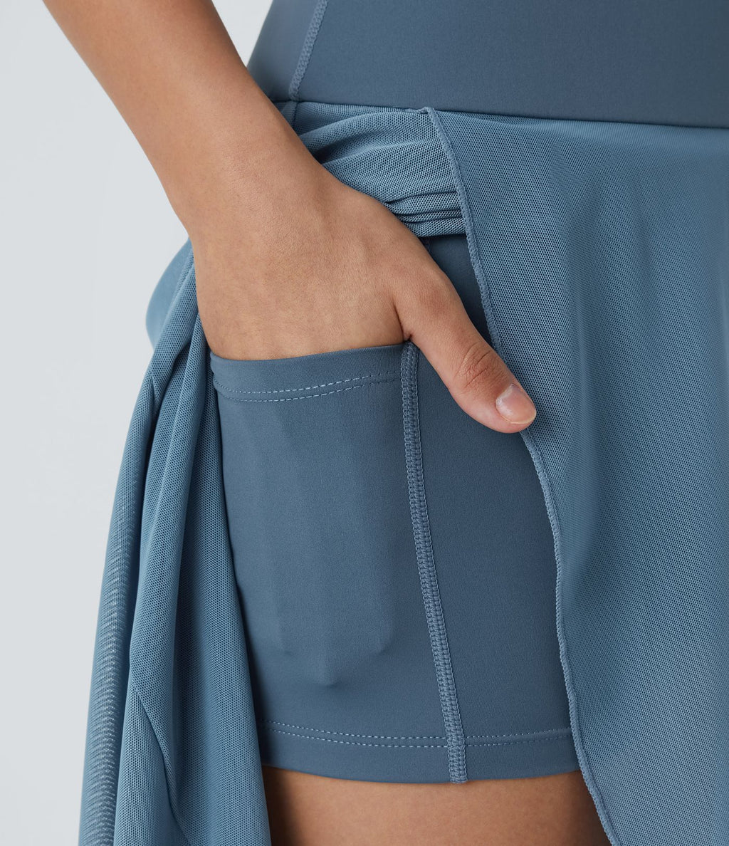 Jupe Longue Fluide Taille Haute à Volants 2 en 1 Poche Latérale Évasée en Mesh Casual Quotidien