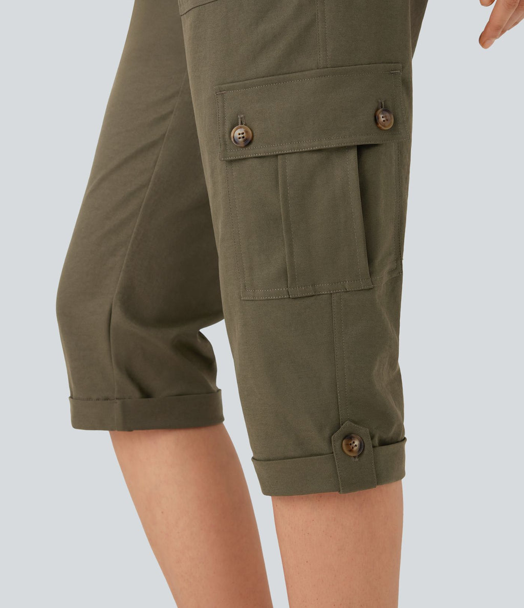 Pantalon cargo décontracté taille moyenne à ourlet roulé avec poches à rabat