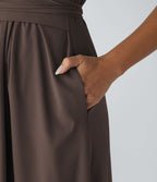 Breezeful™ Robe Mi-Longue Col en V Manches Courtes Poche Latérale Nouée au Dos Séchage Rapide