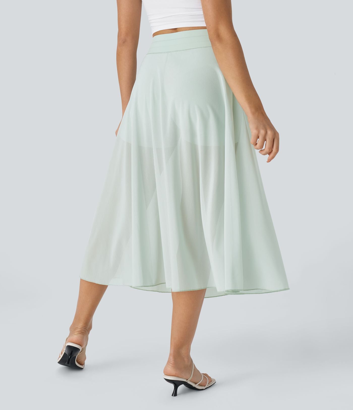 Jupe Casual Évasée Mesh Mi-Longue Fuide 2 en 1 Contrastée Taille Haute Cordon Poche Latérale