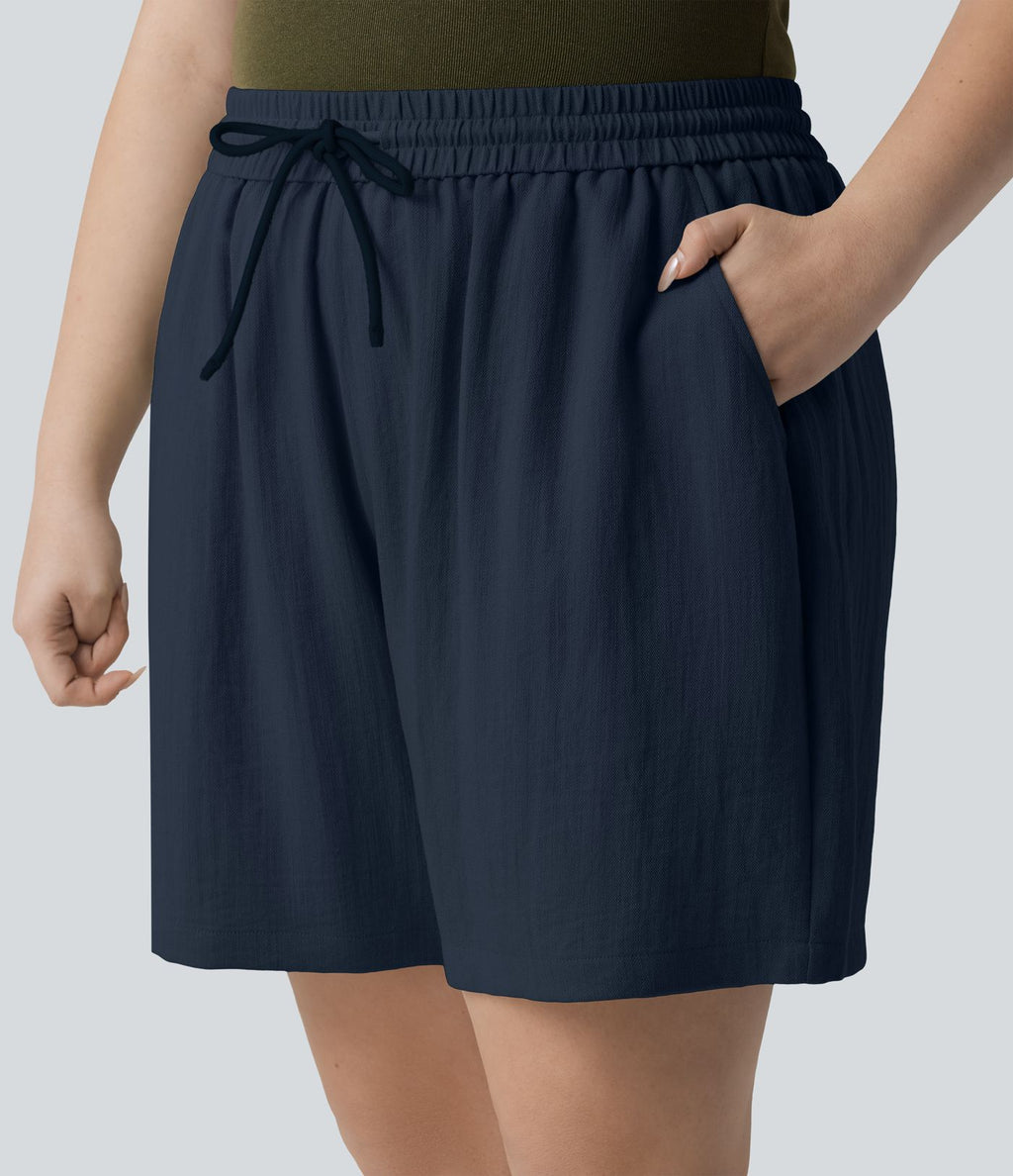 Short casual aspect lin grande taille taille haute avec cordon de serrage et poches