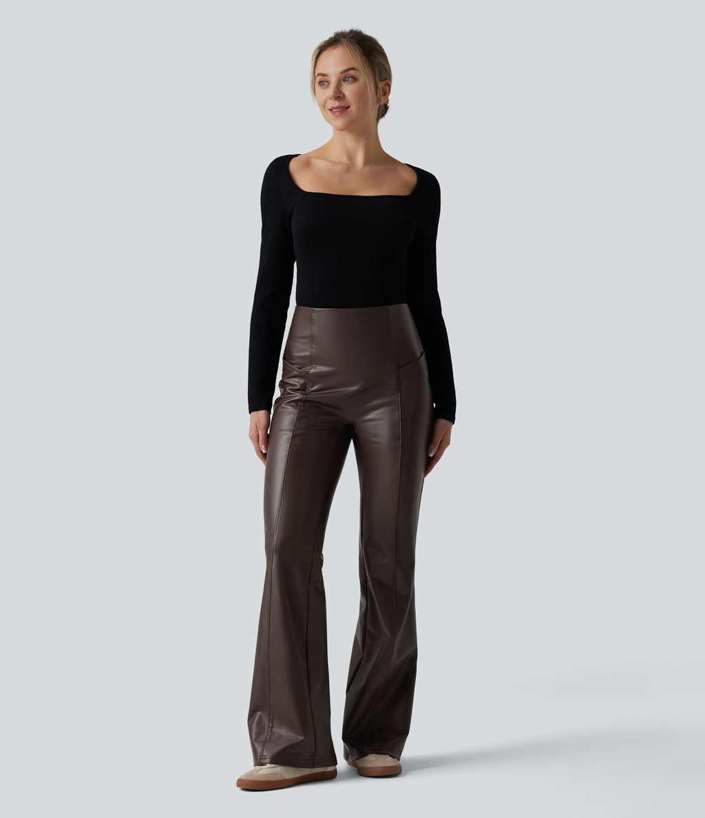 Pantalon évasé décontracté taille haute gainant en molleton PU extensible avec poches
