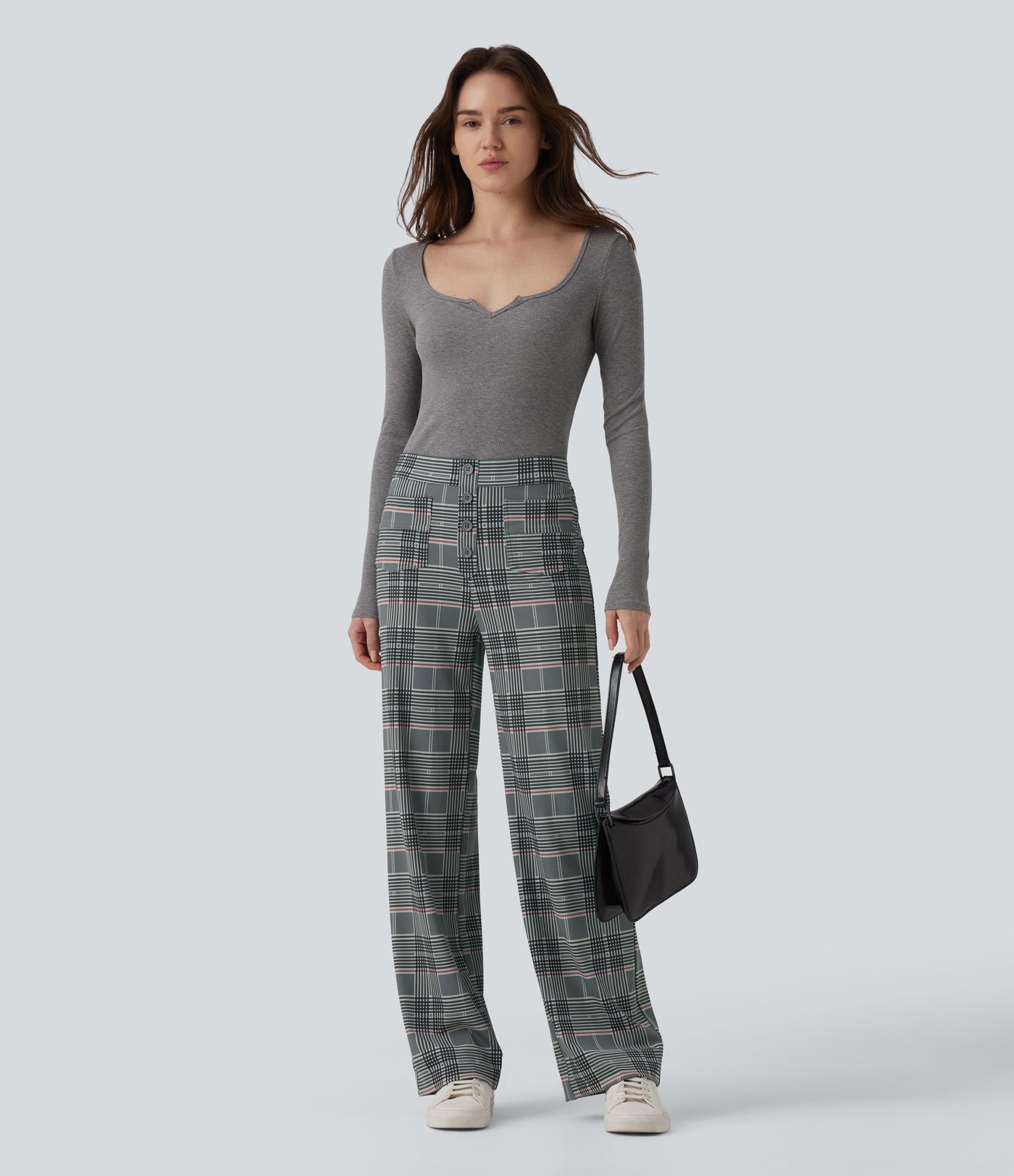 Pantalon tailleur Halara Flex™ à carreaux taille haute coupe droite avec poches