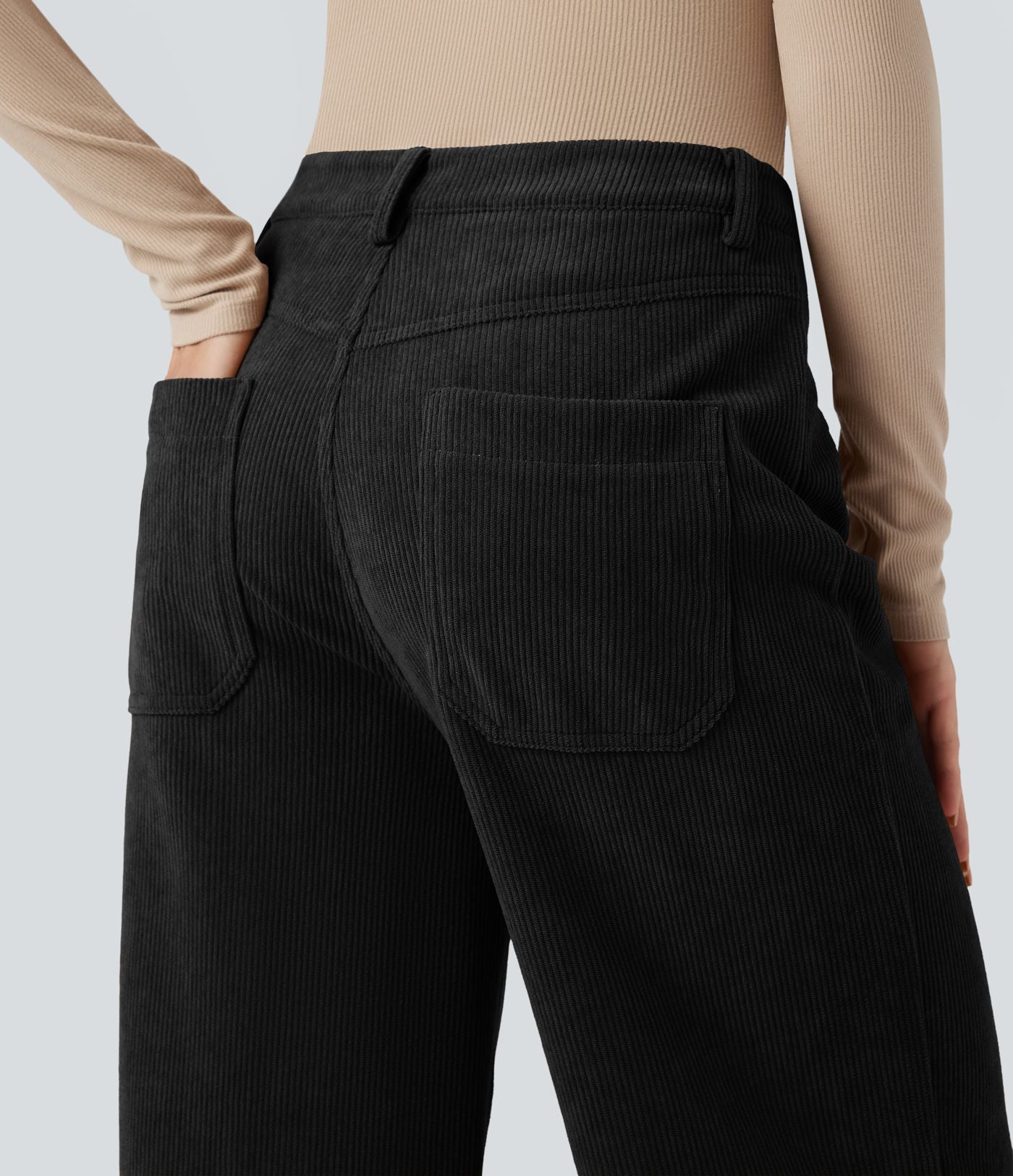 Pantalon large décontracté en velours côtelé taille haute avec poches