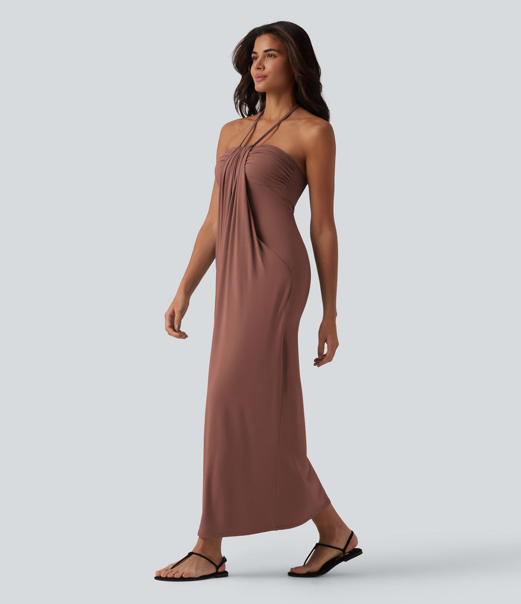 Robe longue dos nu col licou avec nœud et poches
