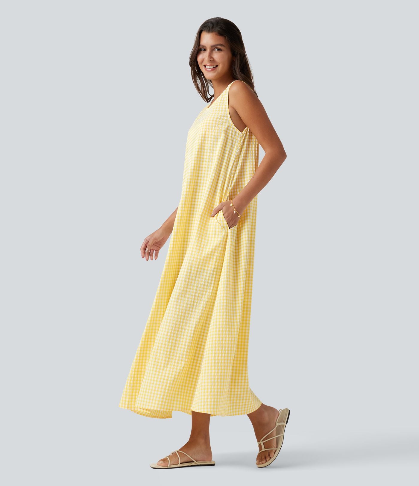 Robe débardeur midi décontractée col rond sans manches en vichy froissé avec poches