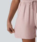 Short décontracté ample en lin mélangé taille haute avec cordon de serrage, 12,5 cm, et poches